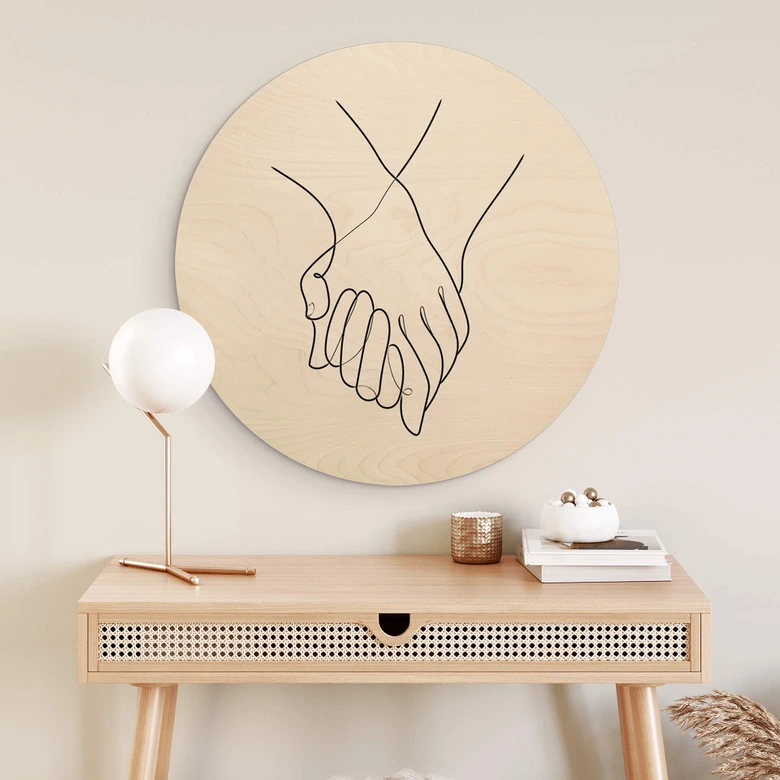 Holzbild 1X Studio - Line Art Hand in Hand - Rund 