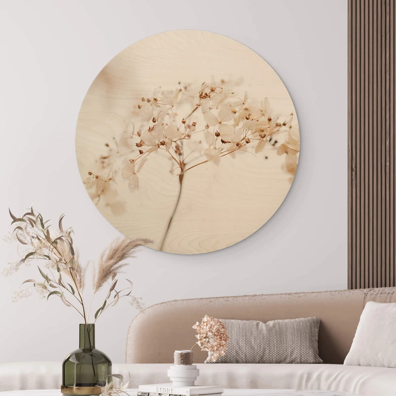 Tableau sur bois rond 1X Studio - branche aux fleurs délicates 