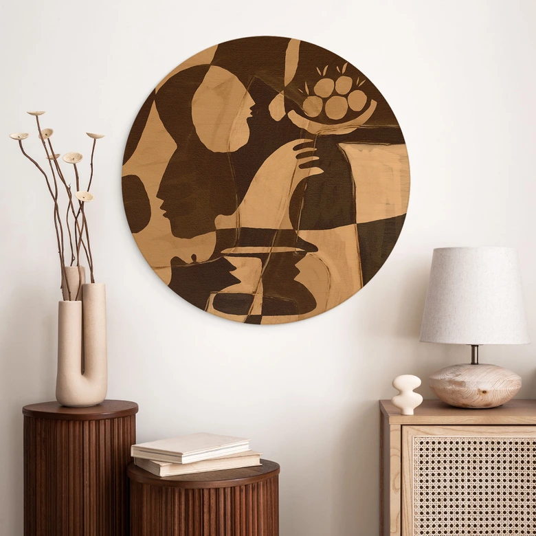 Tableau sur bois Composition abstraite dans des tons chauds de terre - Al Dafai - Rond 