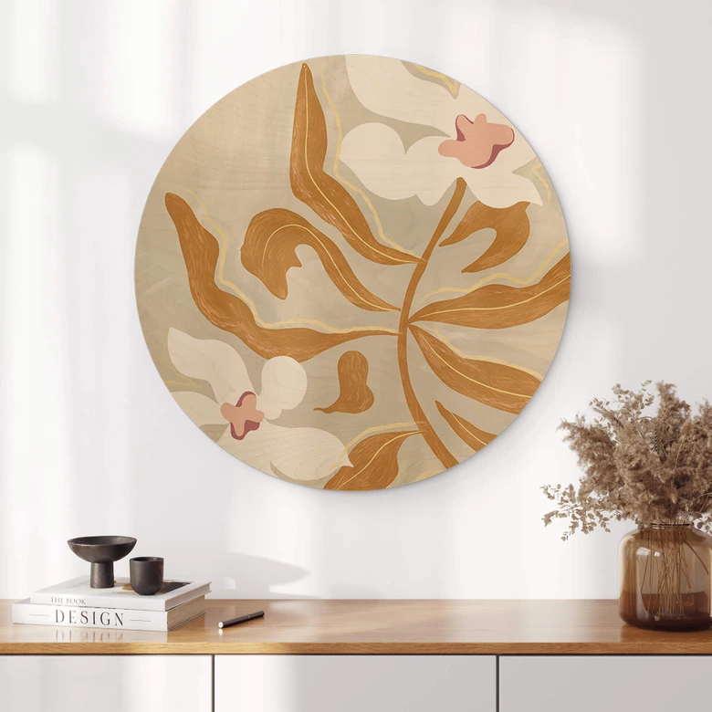 Trätavla Vit blomma och gyllene blad rund - Arty Guava 