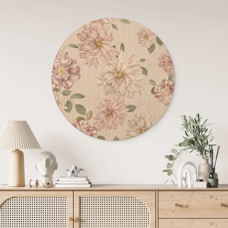 Tableau sur bois Dahlias Shabby Chic Rose - Bloomery Decor - Rond 