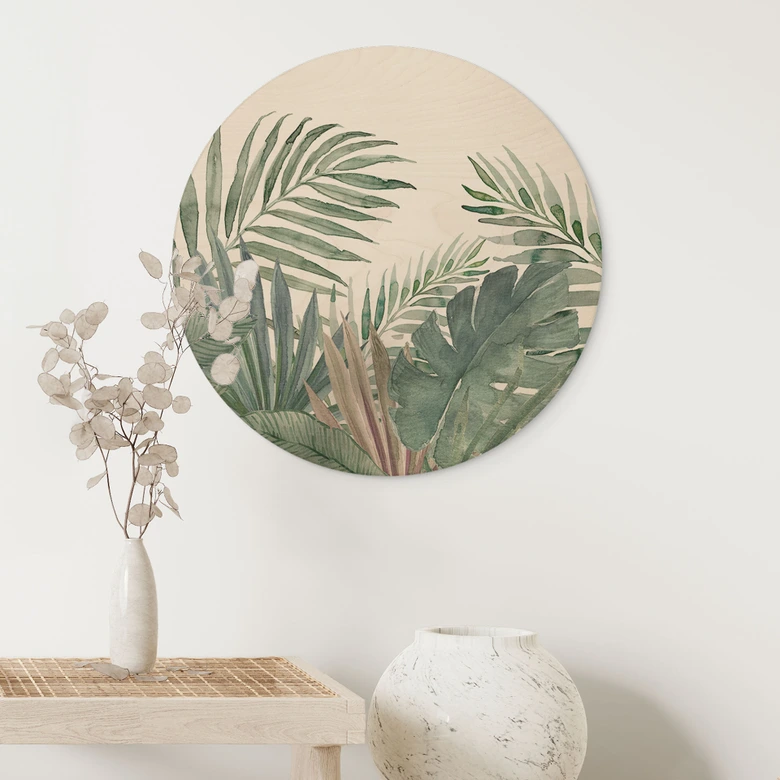 Holzbild Dschungel-Blätter Grün Aquarell - Bloomery Decor - Rund 