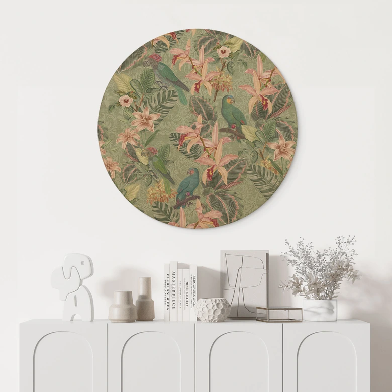 Holzbild Dschungel mit Papageien Grün - Bloomery Decor - Rund 