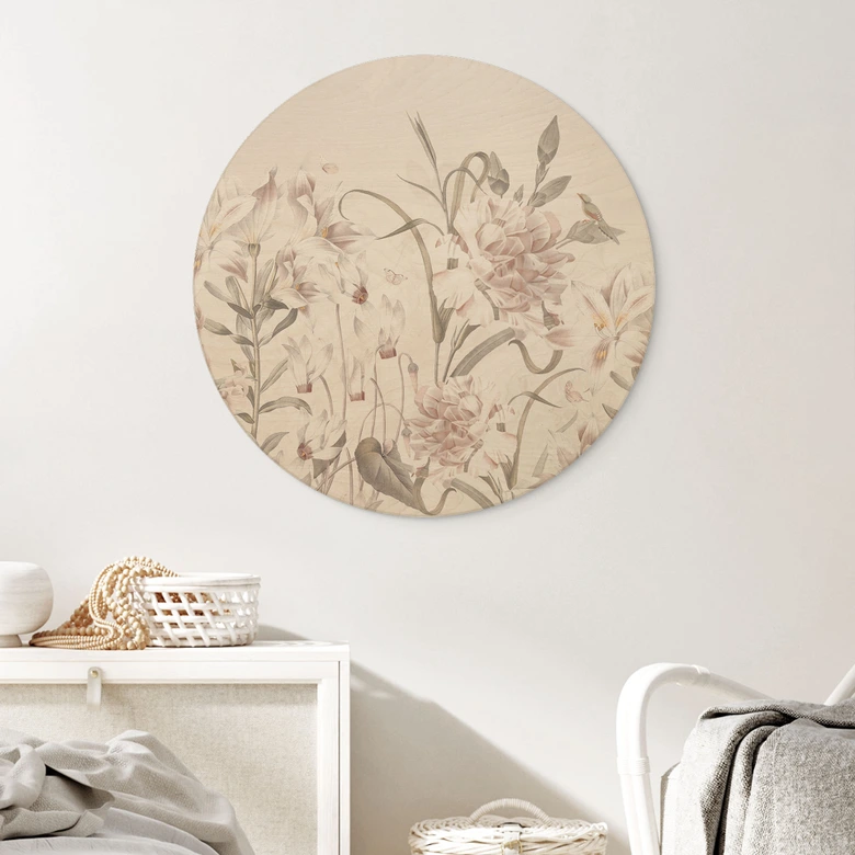 Tableau sur bois Prairie florale en rose clair - Bloomery Decor - Rond 