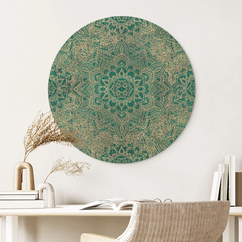 Billede af træ Mandala Boho Guldgrøn - Blomsterdekoration - Rund 