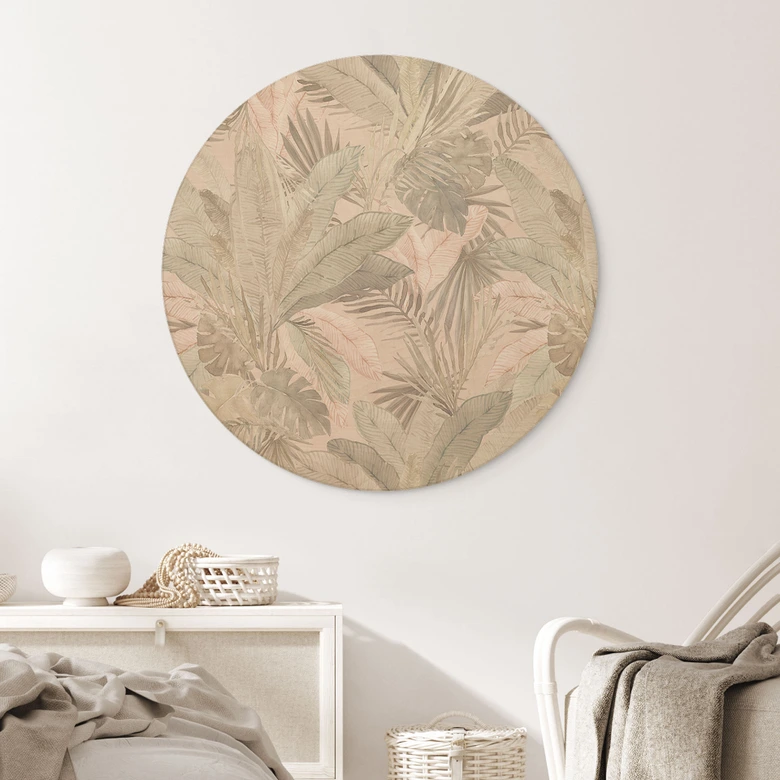 Holzbild Tropenblätter im Dschungel Pastell - Bloomery Decor - Rund 