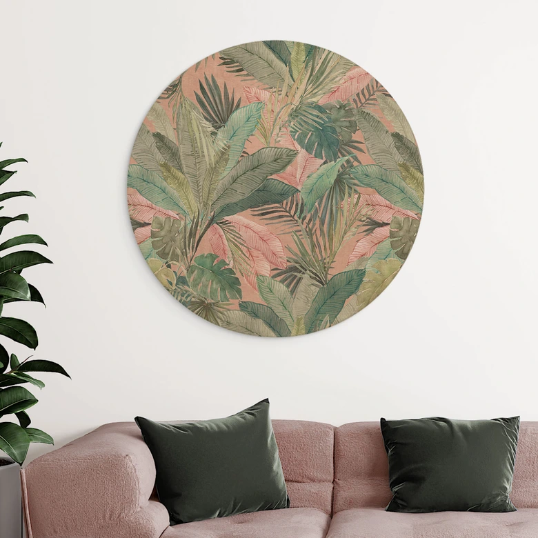Tableau sur bois Feuilles tropicales dans la jungle rose - Bloomery Decor - Rond 