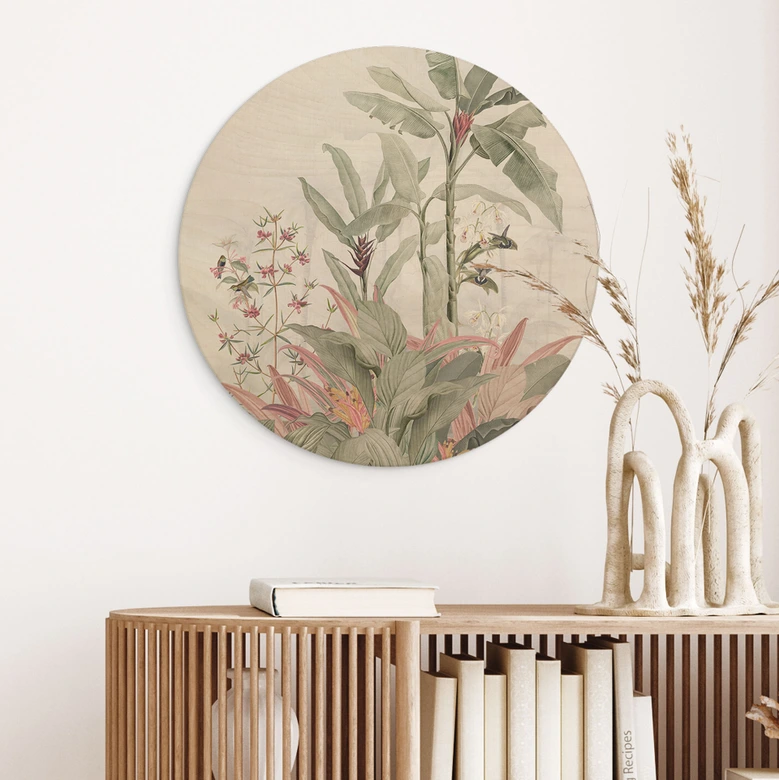 Holzbild Tropische Idylle mit Kolibri Blau - Bloomery Decor - Rund 