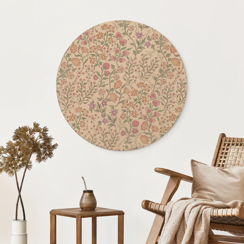 Holzbild Wiesenblumen Vintage - Beige - Bloomery Decor - Rund 