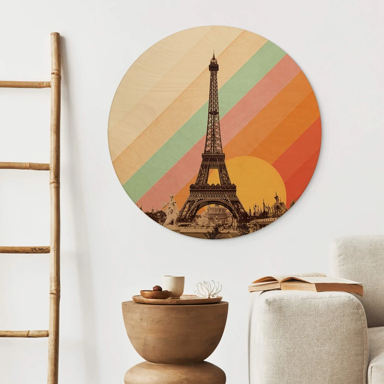 Tableau sur bois Bodart - Tour Eiffel rétro avec arc-en-ciel - Rond 