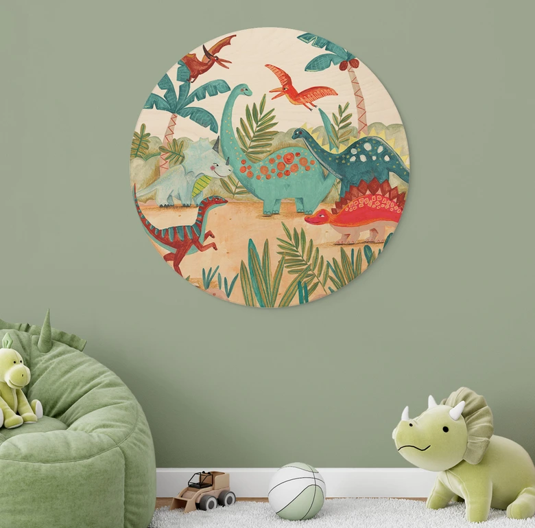 Holzbild Farbenfrohe Dinosaurier im Urzeitwald - Bonne Müller - Rund 