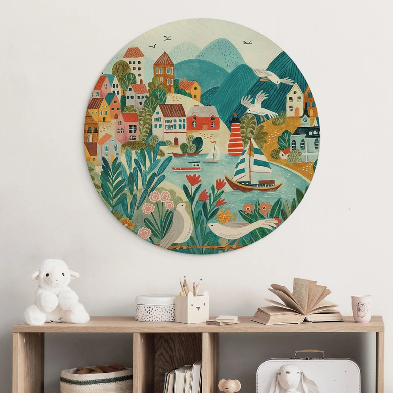 Cuadro de madera Colorido pueblo costero en verano - Bonne Müller - Redondo 
