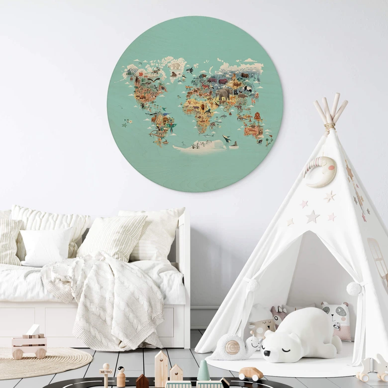 Obraz drewniany do pokoju dziecięcego - Mapa Świata - Brązowy - Okrągły 