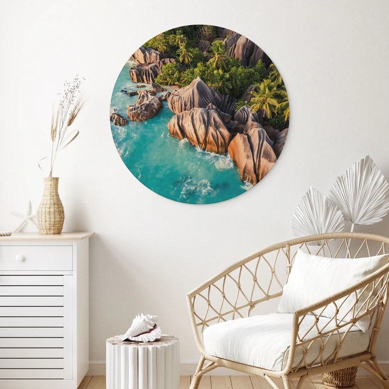 Holzbild Tropische Felsenküste der Seychellen - Colombo - Rund 