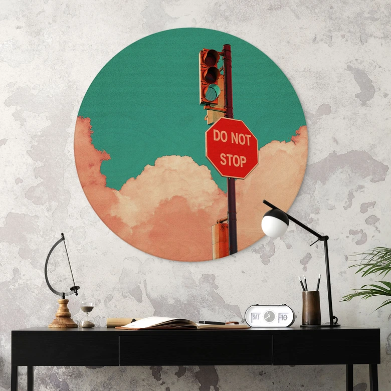 Wandcirkel Hout Do Not Stop - Bord voor turquoise blauwe lucht - CosmoZach 