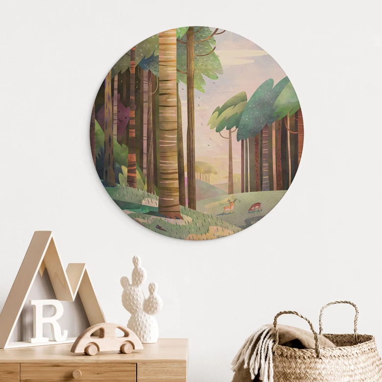 Holzbild Sonniger Wald mit Hirsch - DigitalArtsi - Rund 