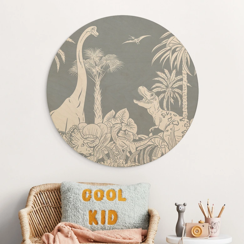 Trätavla I dinosauriernas land - Blå - Kikki Belle - Rund 
