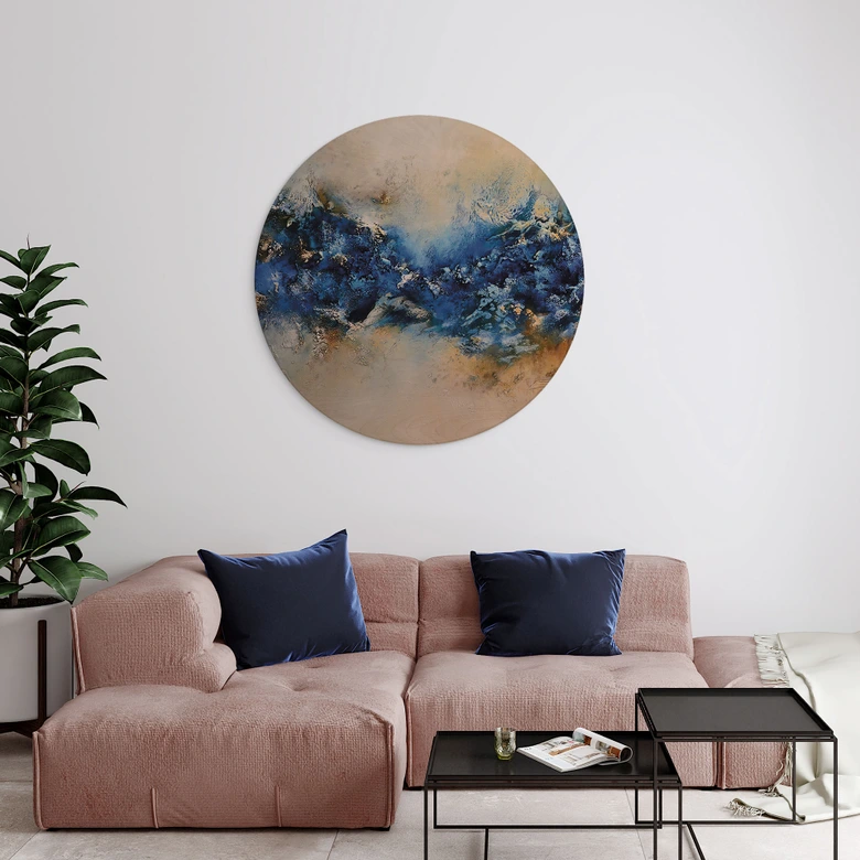 Holzbild Blau-goldene Interaktion - Fedrau - Rund 
