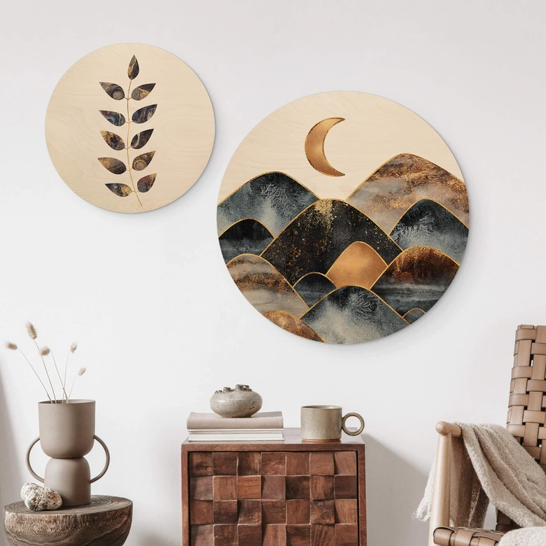 Cuadro de madera Fredriksson - Montañas a la luz dorada de la luna - Redondo 