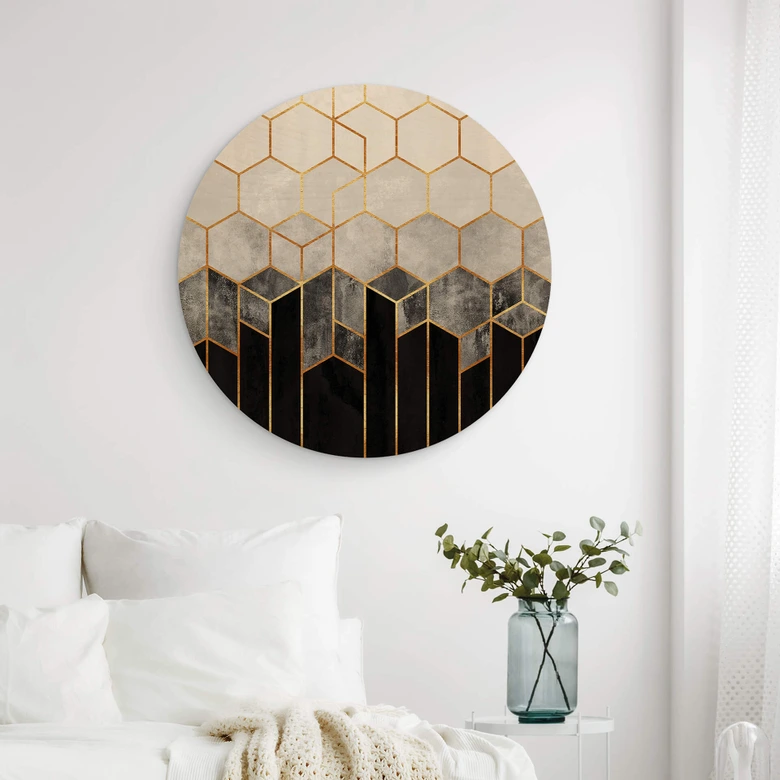 Holzbild Fredriksson - Hexagone: Schwarz und Grau - Rund 