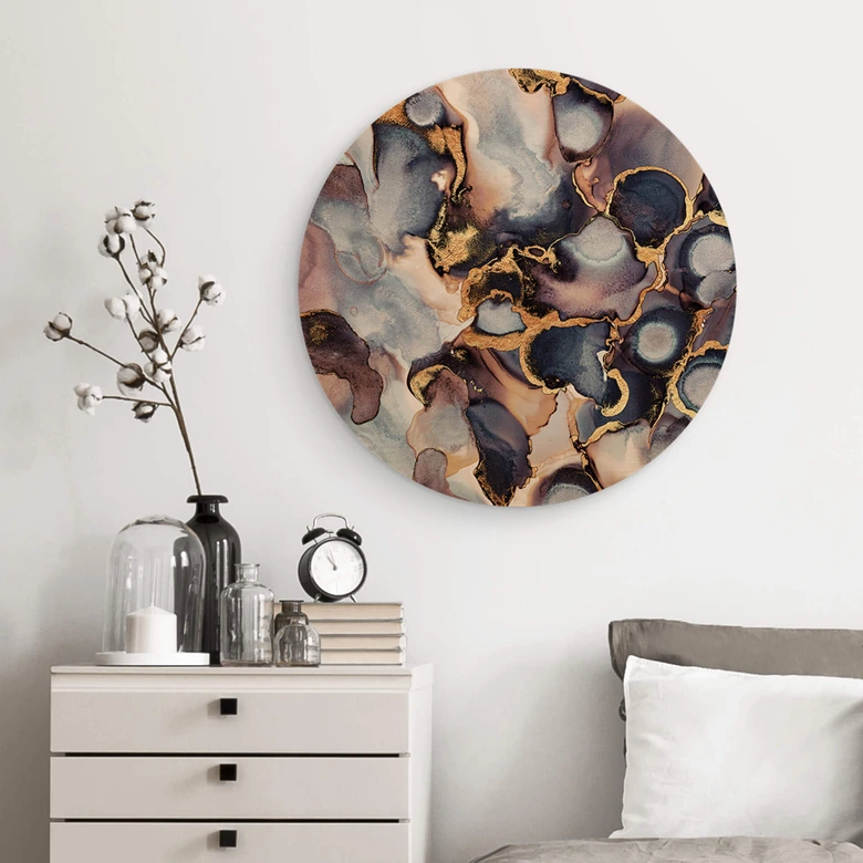 Tableau sur bois rond Fredriksson Encre : rose et dorée 