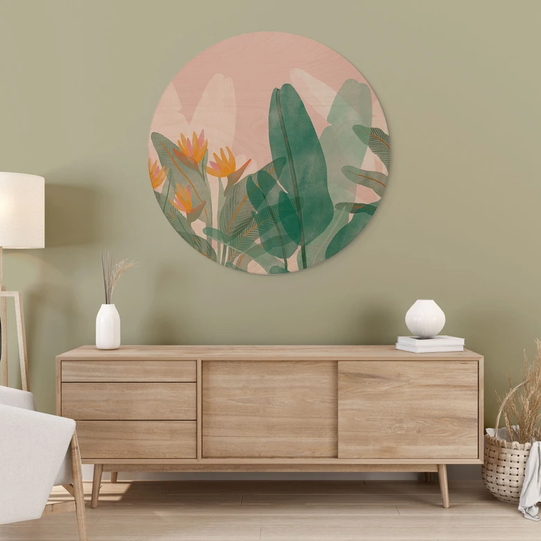 Holzbild Botanische Illustration in Grün und Rosa - Goed Blauw - Rund 