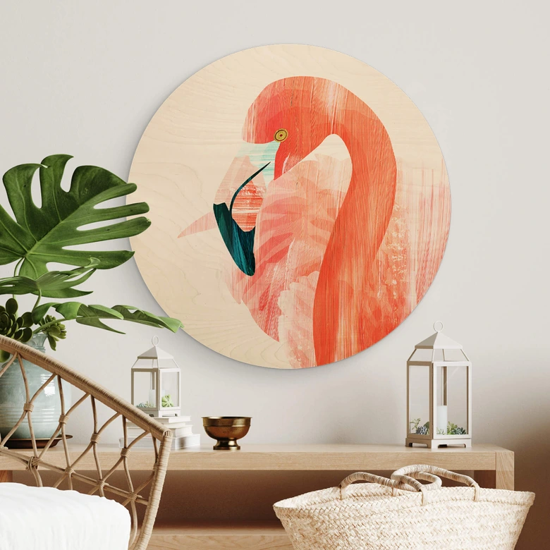 Holzbild Goed Blauw - Pink Flamingo - Rund 
