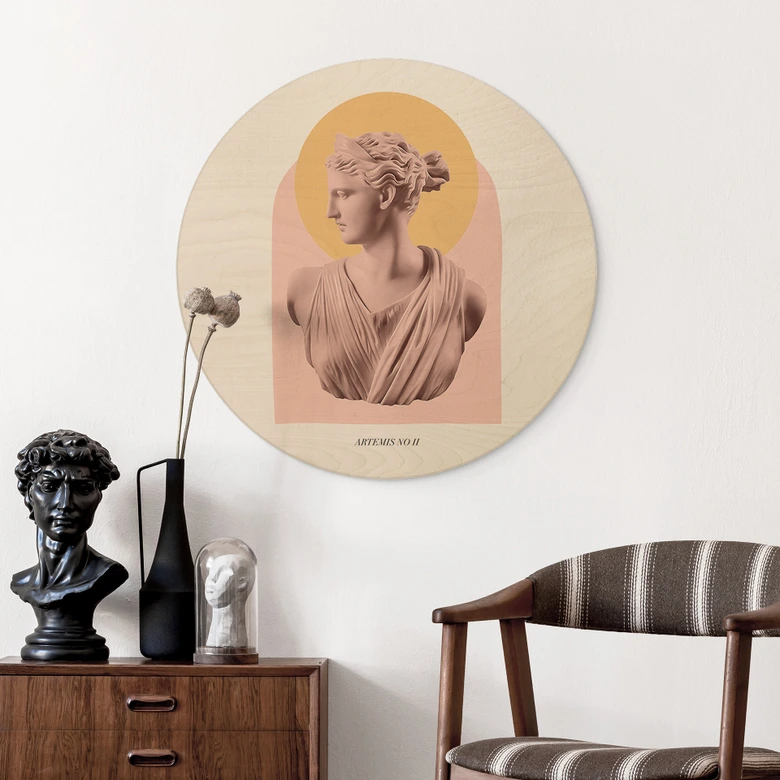 Tableau sur bois rond Statue de la déesse Artémis - Grace Digital Art 