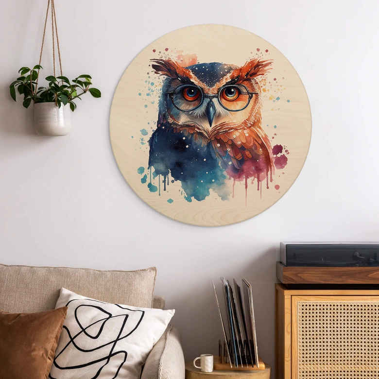 Holzbild Heine - Intelligente Eule mit Brille - Astro Cruise - Rund 
