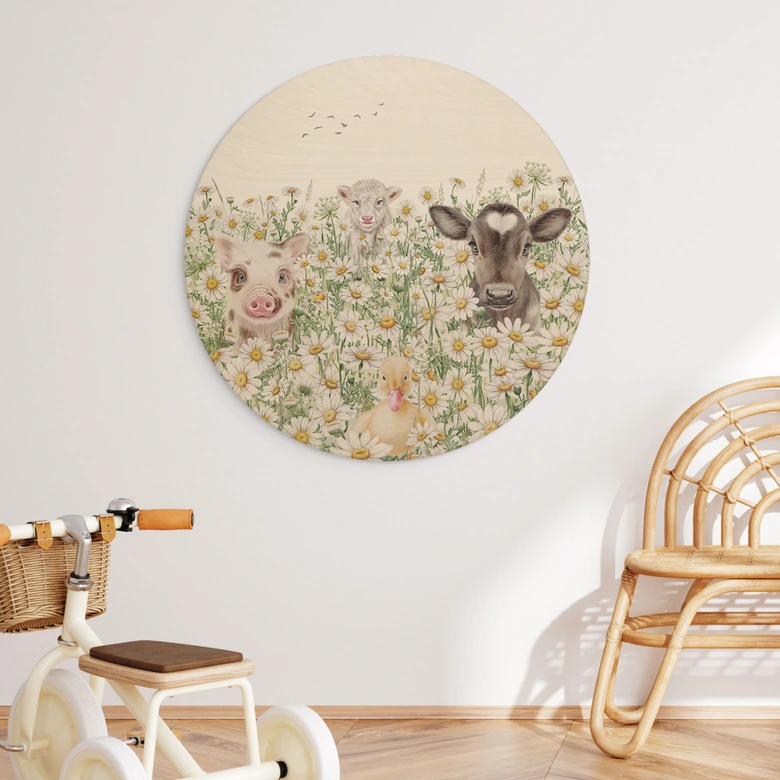 Holzbild Bauernhoftiere auf der Blumenwiese - Kikki Belle - Rund 