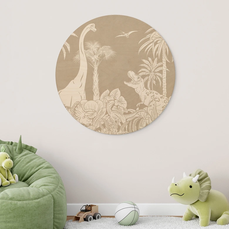 Holzbild Dinosaurier im wilden Dschungel - Braun - Kikki Belle - Rund 