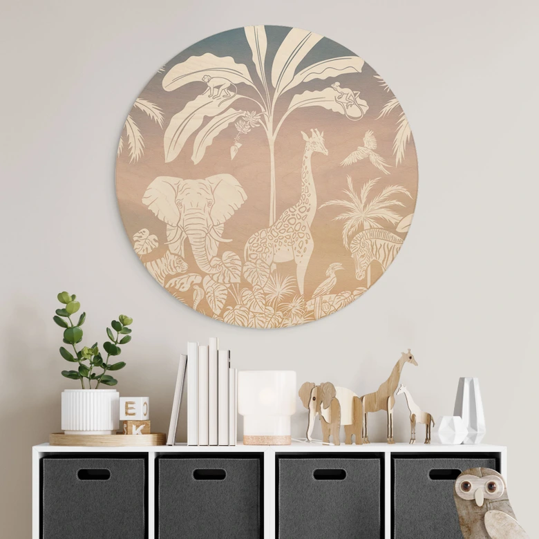 Holzbild Dschungelparadies mit Wildtieren - Ombre - Kikki Belle - Rund 