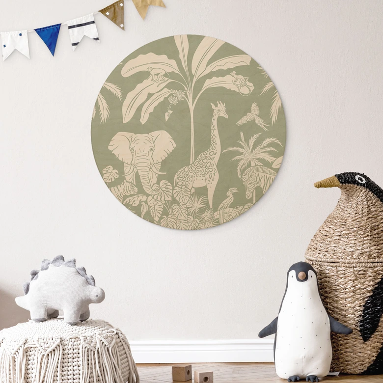 Cuadro de madera animales de la jungla en verde tropical - Kikki Belle - Redondo 