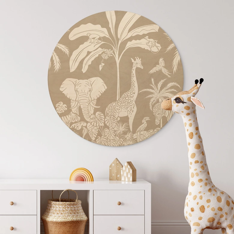 Holzbild Dschungelträume - Afrikas Tierwelt in Braun - Kikki Belle - Rund 