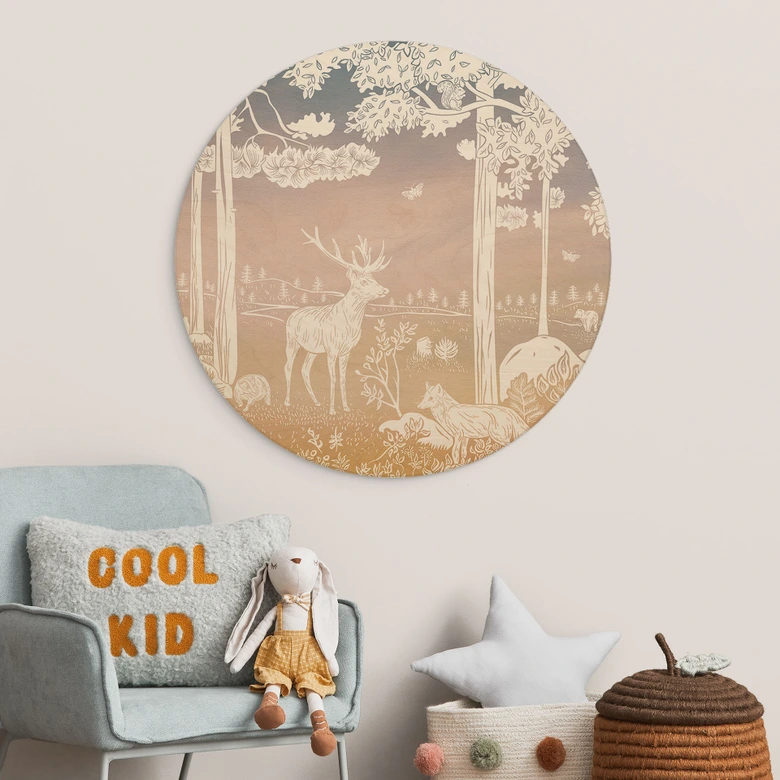 Holzbild Friedlicher Wald mit Hirschen und Füchsen - Ombre - Kikki Belle - Rund 