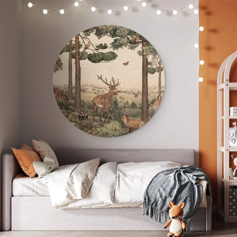Tableau sur bois rond Kikki Belle - Animaux indigènes dans la forêt 