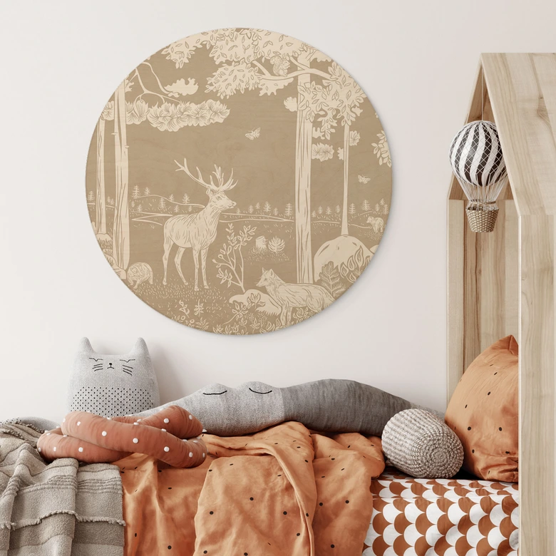 Holzbild Herbstlicher Wald mit Hirschen und Füchsen - Braun - Kikki Belle - Rund 