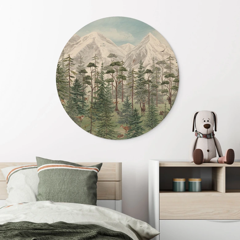 Holzbild Waldtiere im grünen Alpenwald - Kikki Belle - Rund 