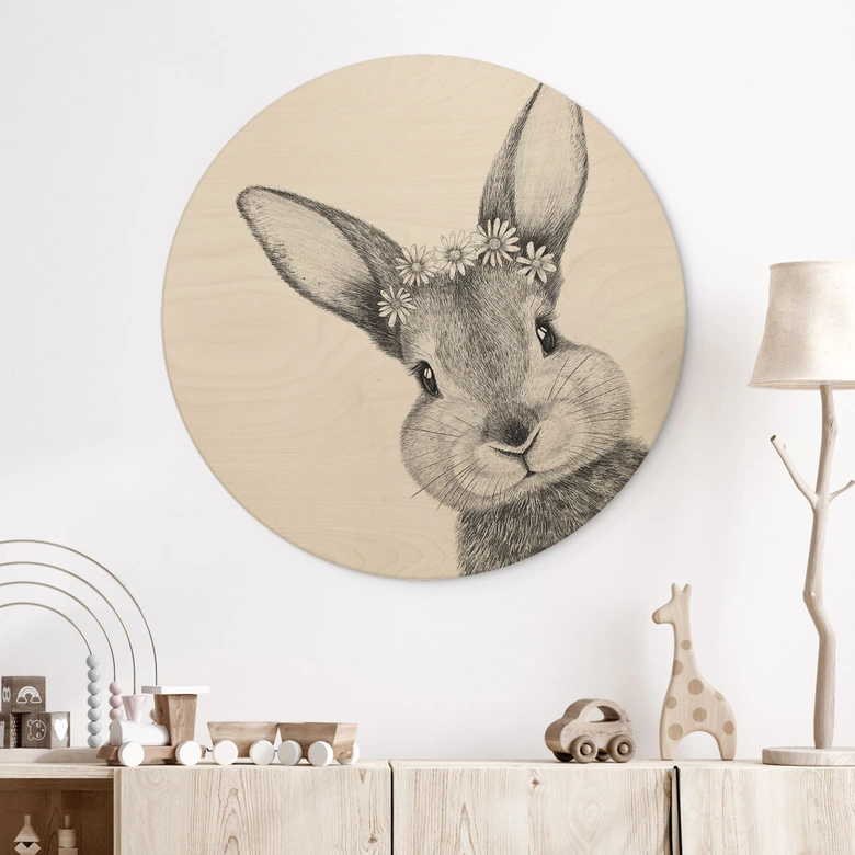 Holzbild Niedlicher Hase mit Kamillenblumen - Korenkova - Rund 
