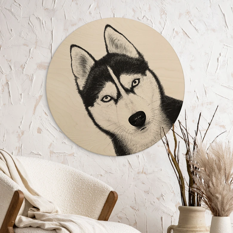 Cuadro de madera husky siberiano - retrato perro - Korenkova - Redondo 