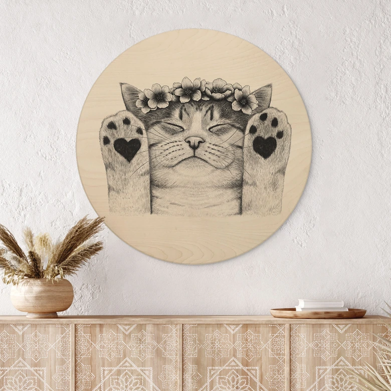 Obraz drewniany Słodki kot z łapkami w kształcie serca - Korenkova - Okrągły 