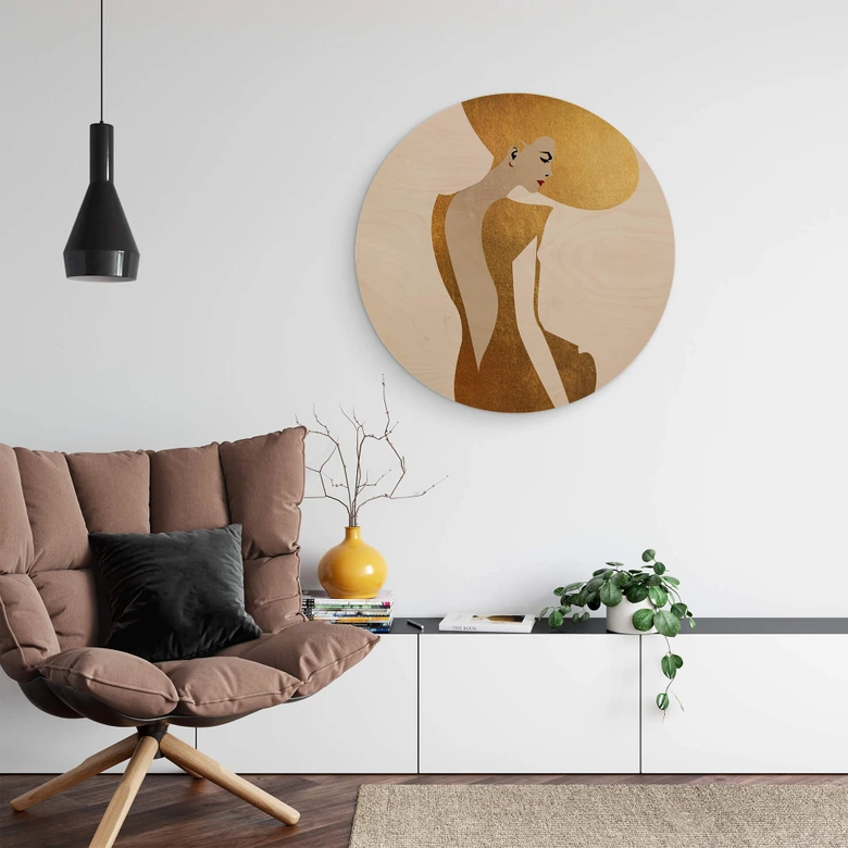 Holzbild Kubistika - Die Dame im goldenen Kleid - Rund 