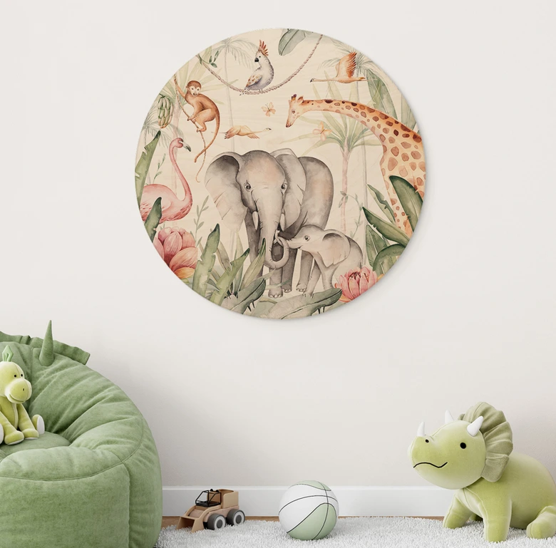 Wandcirkel Hout Afrikaanse dieren in het regenwoud - Kvilis 