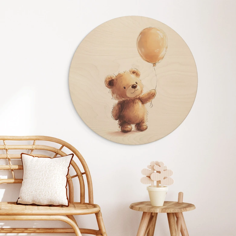 Holzbild für das Babyzimmer - Kleiner Teddybär mit Luftballon - Magnusson - Rund 