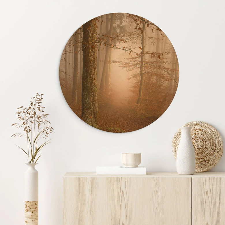 Holzbild Dunst und Licht im herbstlichen Wald - Maier - Rund 
