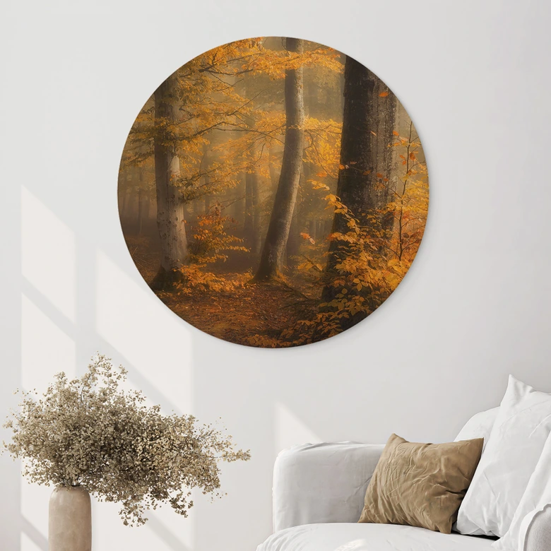 Holzbild Goldene Blätter im nebligen Wald - Maier - Rund 