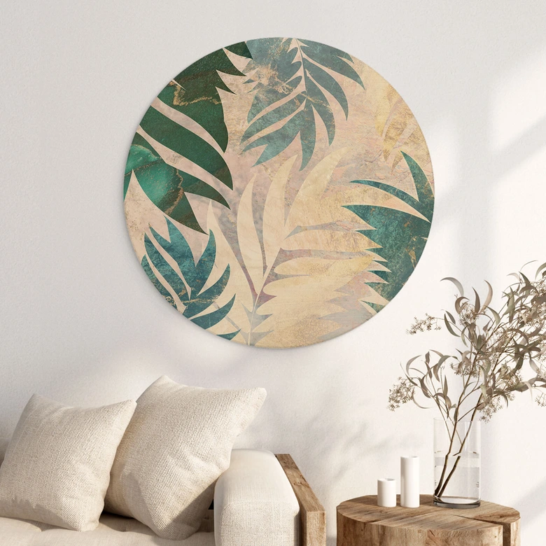 Holzbild Exotische Palmenblätter in Gold-grün - Manovski - Rund 