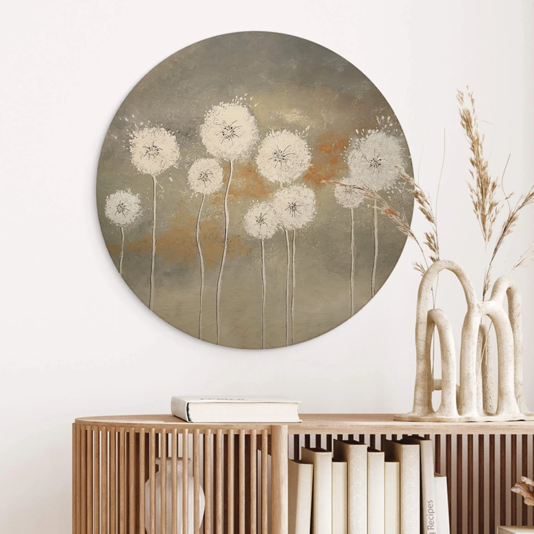 Wandcirkel Hout Melz - White Dandelions 