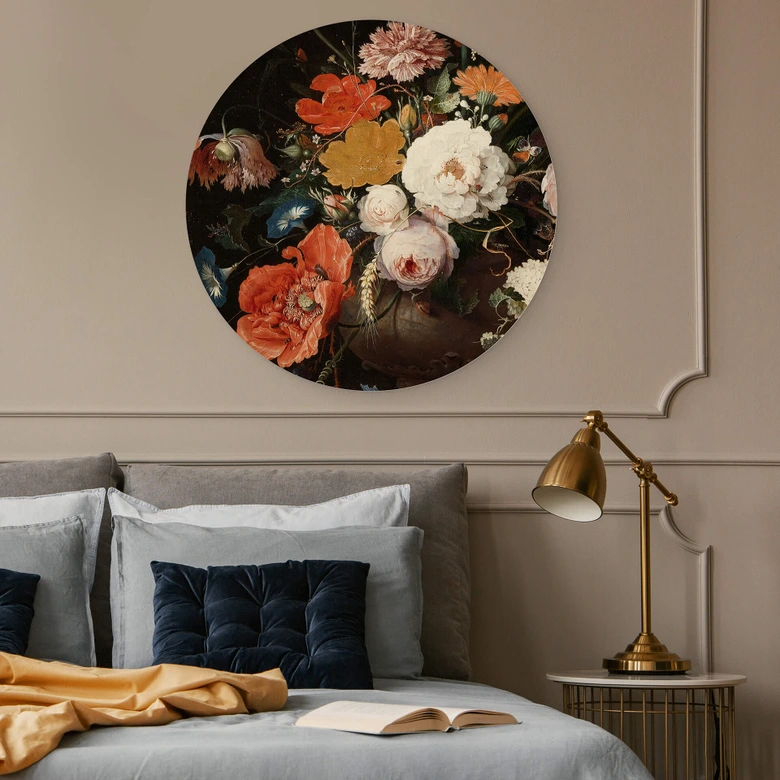 Holzbild Mignon - Stillleben mit Blumen und einer Uhr - Rund 