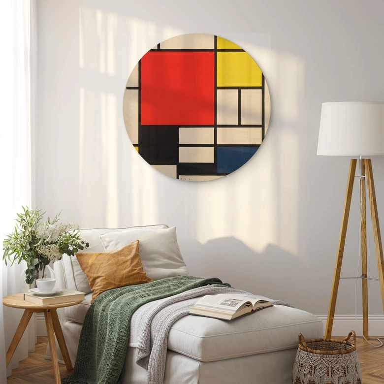 Wandcirkel Hout Mondriaan - Compositie met Rood Geel Blauw en Zwart 